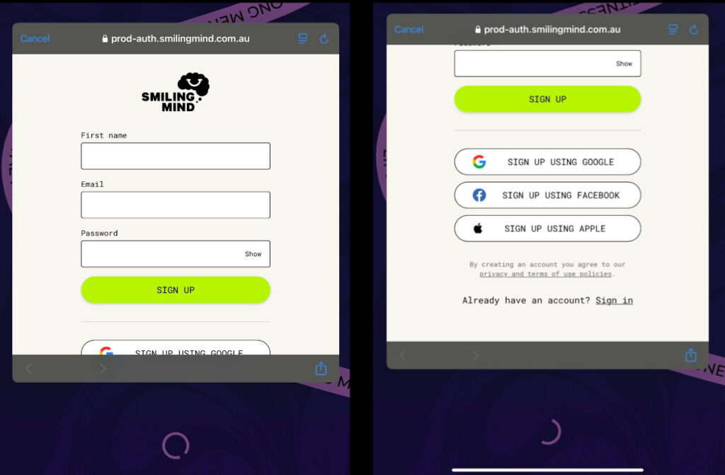 A page which prompts you to enter an email and password to sign up. Next to it is the view once you scroll down: Screenshot that shows the option to sign up using Google, Facebook, or Apple ID for Apple users.