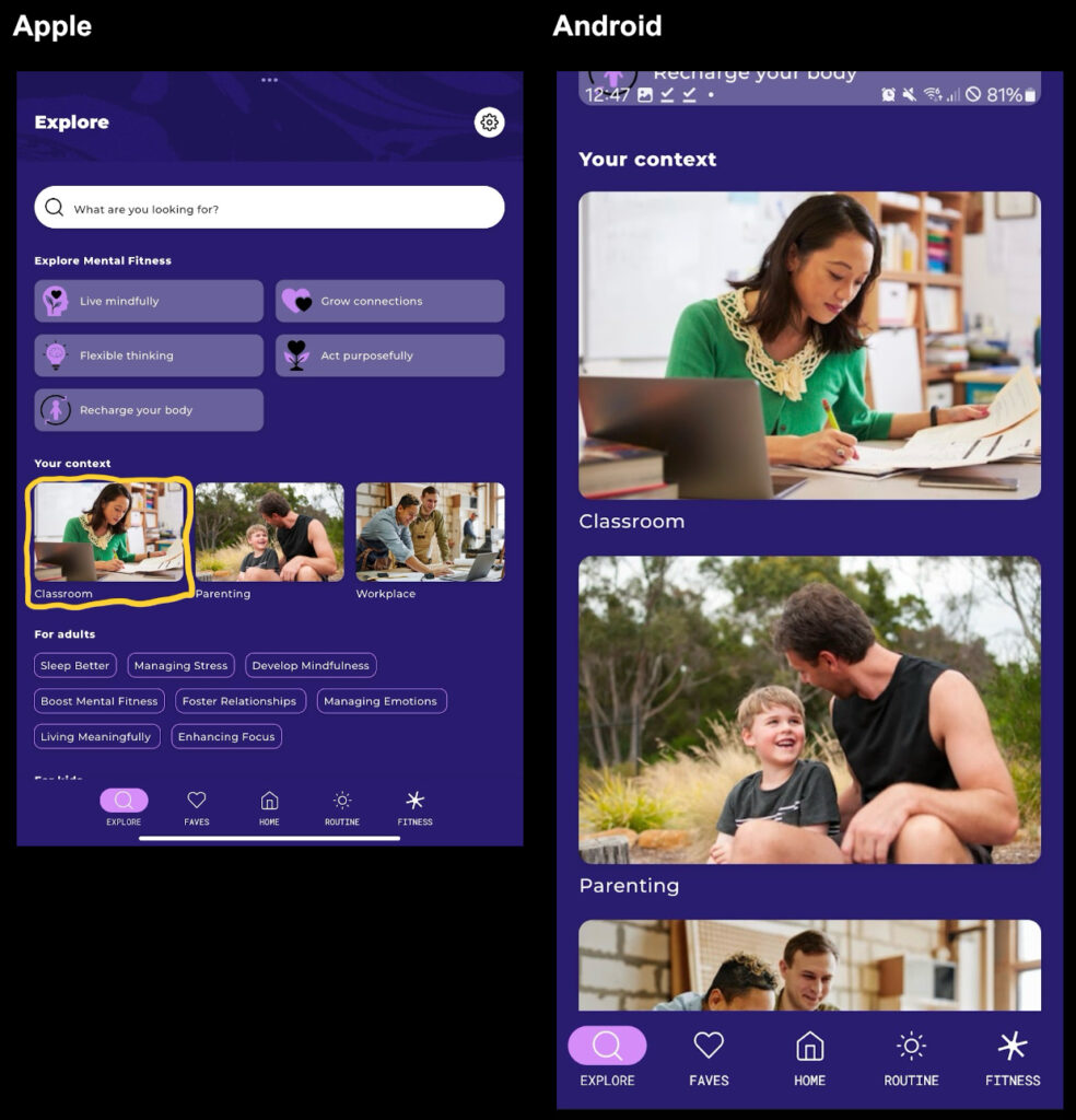 Explore Screen of Smiling Mind app on Apple and Android