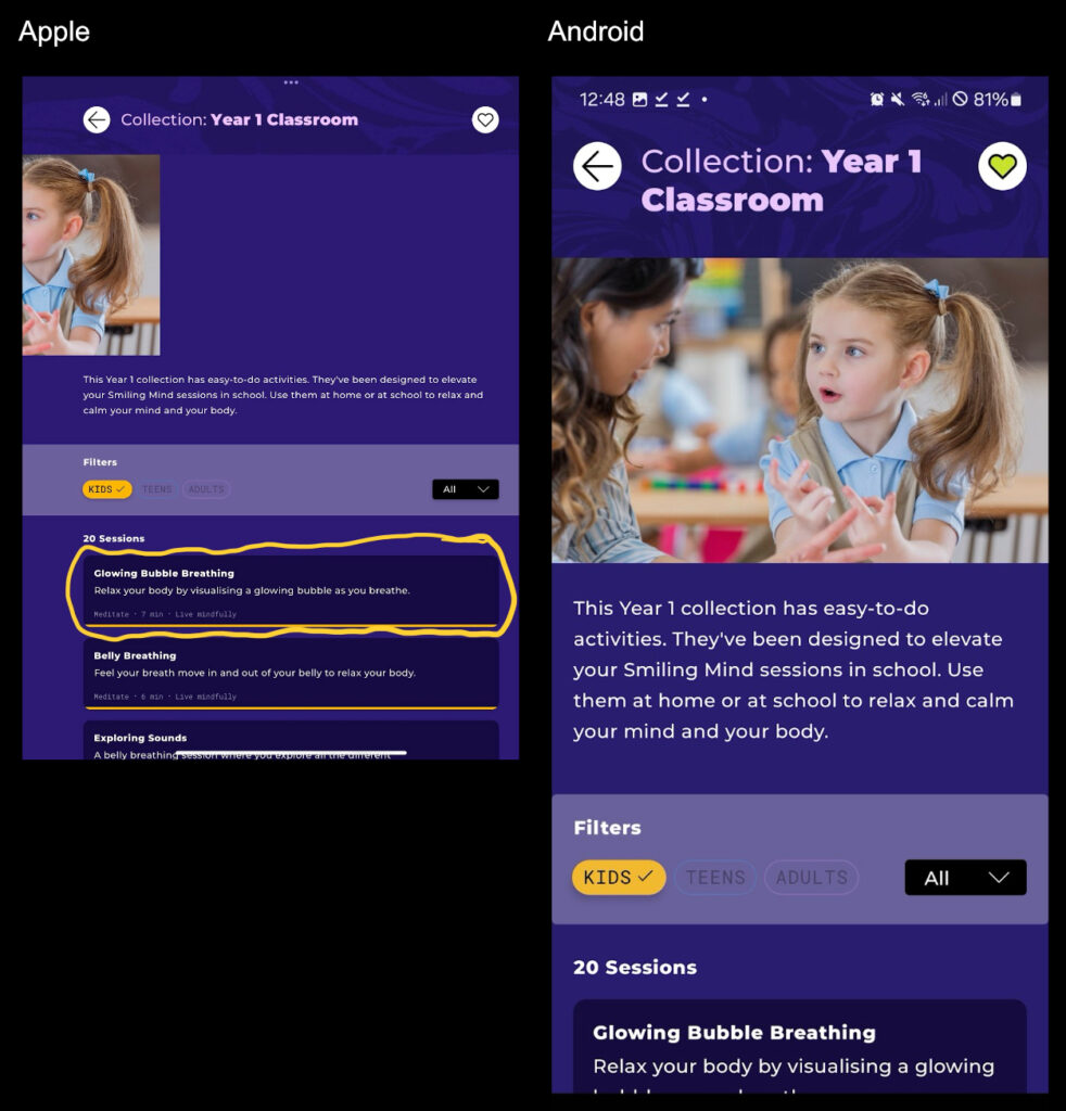 Year 1 Classroom screen for apple and android versions of smiling mind app