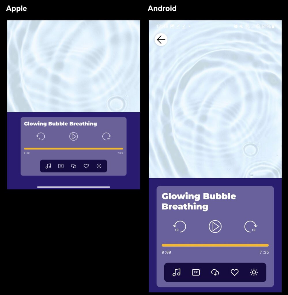 screenshots of Glowing bubble journey in apple and android smiling mind app.